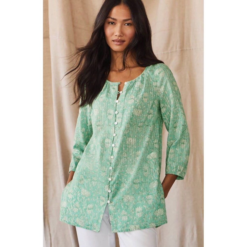 Pure Jill Tunic Top Women Size M Mint Green Floral Cotton Button Front Blouse
